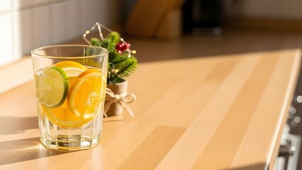 Refreshing citrus infused water with a hint of festive cheer on a sunlit kitchen counter