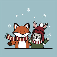 Cute cartoon fox and rabbit friends in winter clothes.