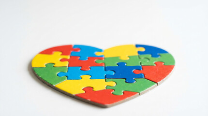 Heart Puzzle with Brightly Colored Pieces, Assembled on a Clean White Background, Symbolizing Unity, Love, and Autism Awareness