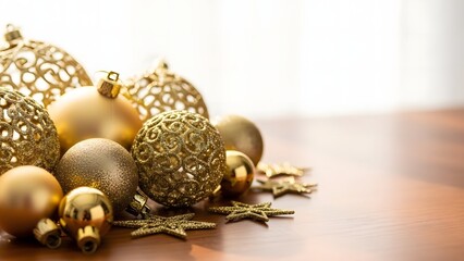 A pile of shiny golden Christmas baubles and stars scattered on a wooden surface, creating a festive and elegant holiday decoration arrangement
