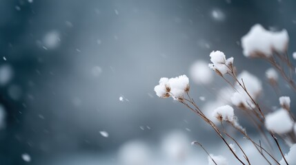 snow-covered plants in a winter forest, falling snow, macro shot with shallow depth of field, soft bokeh background, winter nature scene