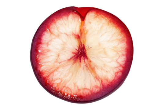 Close up of a juicy nectarine slice isolated on transparent background. Nectarine slice isolated on white background.