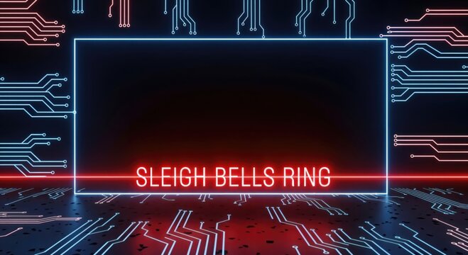 Digital holiday greeting with glowing red text 'SLEIGH BELLS RING' on a futuristic circuit board background with neon blue frame and electronic connections