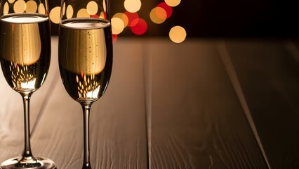 Cheers to new beginnings! Two glasses of champagne filled with bubbles, glistening with soft bokeh lights in the background, perfect for celebrations