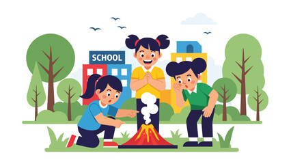 Students performing simple science experiment outdoors with excitement. Ideal for STEM learning, playful discovery, and hands-on outdoor education activities.