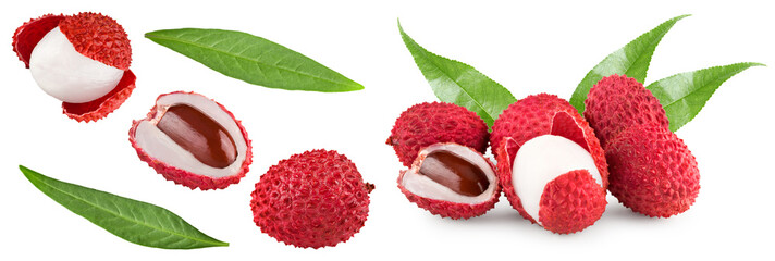Fresh lychee with leaves isolated on white background. clipping path