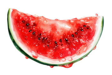 Watercolor slice of juicy watermelon isolated on transparent background. Juicy slice of watermelon with seeds isolated on white background.