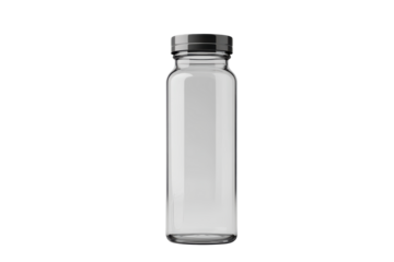 Clear glass bottle with metal cap isolated on transparent background. Open water bottle isolated on white background.