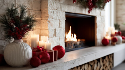 Warm candles illuminate a festive fireplace adorned with red ornaments and green greenery. Relaxing atmosphere in a living room with white brick walls