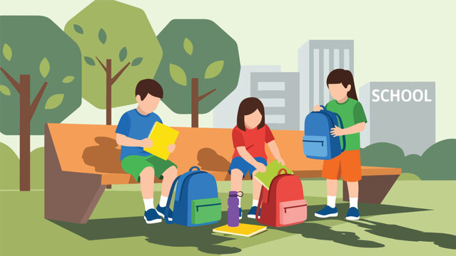 Kids packing backpacks outside after recess. Ideal for school routine visuals, student responsibility themes, and outdoor learning lifestyle concepts.