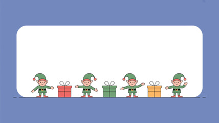 Naklejka premium Cartoon illustration of christmas elves with presents on a blue background with white text area