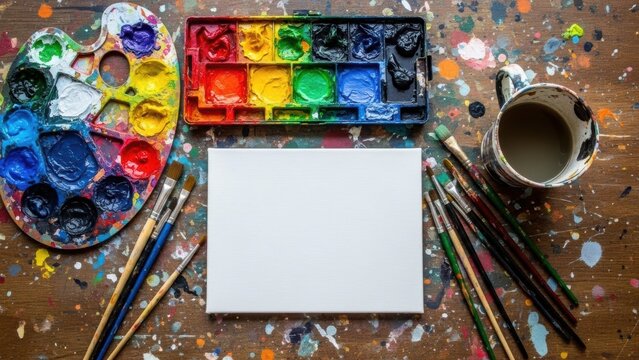 Overhead view of a blank canvas surrounded by colorful watercolor paints and art brushes on a wooden surface