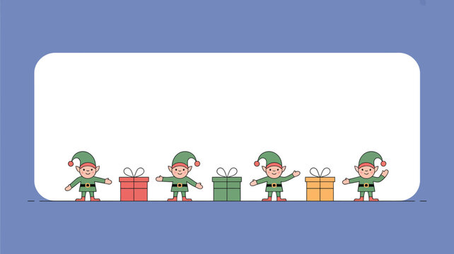 Cartoon illustration of christmas elves with presents on a blue background with white text area