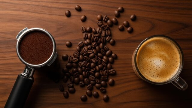 Overhead view of espresso machine portafilter with coffee grounds roasted coffee beans and a freshly brewed cup of coffee on a wooden table