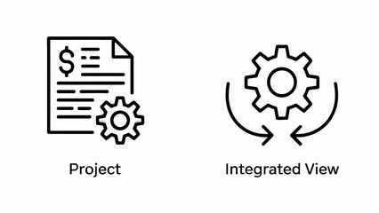 Project management and integrated view concept represented by icons in black and white for business and finance