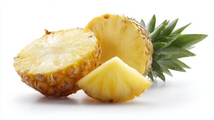 fresh pineapple, cut in half with sliced pieces, isolated on white, detailed and vibrant texture