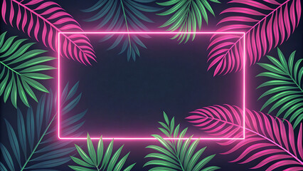 Pink neon frame surrounded by green and pink palm leaves on a dark background design element 3d wallpaper home decoration custom 3d photo wallpaper panaflex design for wall hd background