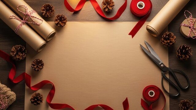 Rustic christmas scene with blank parchment paper pine cones scissors and red ribbon for festive crafting