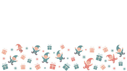 A festive border with cartoon elves gifts and snowflakes on a white background for christmas holiday season