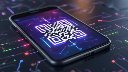 Digital QR code displayed on a modern smartphone screen, symbolizing secure authentication and information access against a high-tech circuit board background - Powered by Adobe