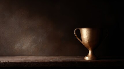 gold trophy with low-key lighting, rustic table, dark background, soft abstract highlights, elegant award display