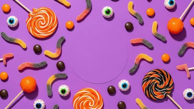 Spooky halloween candy assortment with gummy worms lollipops and eyeball treats on a purple background - Powered by Adobe
