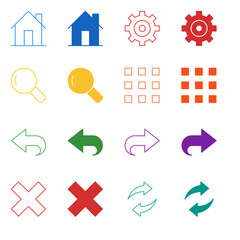 Flat Colored Basic Navigation Icon Set in Outline and Solid Style for Essential UI Controls