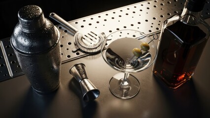 Stylish cocktail bar setup with shaker strainer jigger glass and bottle on a textured surface