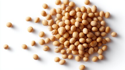flat lay top view of a pile of soybeans, isolated on white background, detailed and natural
