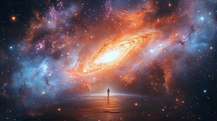 Fototapeta premium A silhouette of an individual stands against a vibrant cosmic backdrop filled with stars and galaxies