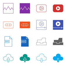 Flat Colored Media and Cloud Icon Set in Outline and Solid Style for Document Storage and Playback