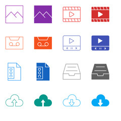 Flat Colored Media and Cloud Icon Set in Outline and Solid Style for Document Storage and Playback