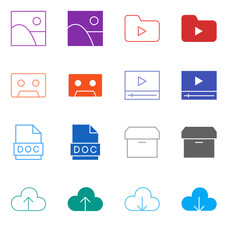 Flat Colored Media and Cloud Icon Set in Outline and Solid Style for Document Storage and Playback