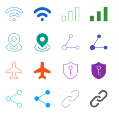 Flat Colored Network and Connectivity Icon Set in Outline and Solid Style for Signal and Data Sharing