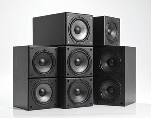 Stacked black speakers, square cabinets, on white ground