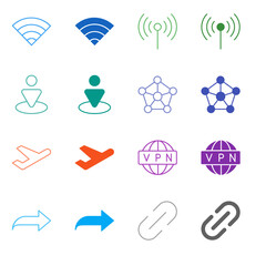 Flat Colored Network and Connectivity Icon Set in Outline and Solid Style for Signal and Data Sharing