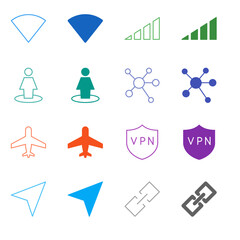 Flat Colored Network and Connectivity Icon Set in Outline and Solid Style for Signal and Data Sharing