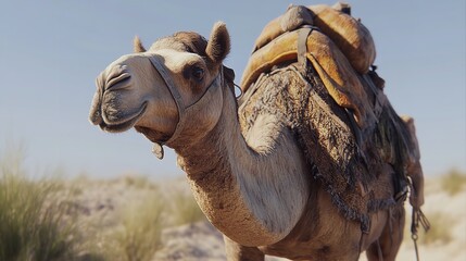 A close up shot of a camel with a saddle and bridle in a desert landscape under a clear blue sky