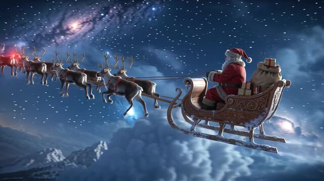 Stunning rear view of Santa Claus flying his reindeer-drawn sleigh high above a snow-covered mountain village, soaring towards a vibrant, star-filled, cosmic sky with nebulae and clouds
