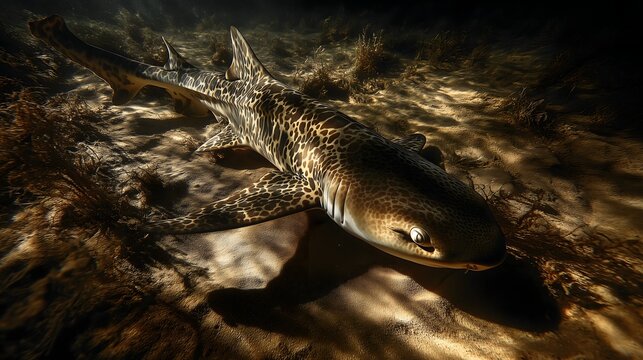 Elegant leopard shark resting on sandy seabed