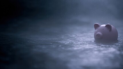 conceptual image of piggy bank in murky water, financial difficulty, debt and survival metaphor, moody atmosphere