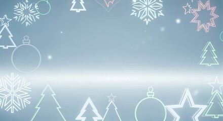Festive Abstract Christmas and Winter Holiday Background with Glowing Line Art Shapes, Snowflakes, Trees, and Ornaments