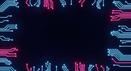 Abstract digital technology background with glowing neon circuit board lines forming a futuristic frame on a dark backdrop