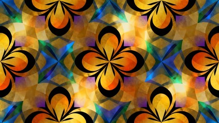 Abstract floral patterns, golden yellow to deep orange.