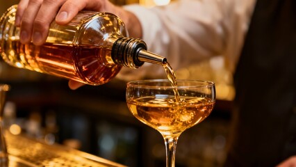 A bartender pouring liquor into a glass
