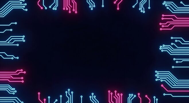 Abstract digital technology background with glowing neon circuit board lines forming a futuristic frame on a dark backdrop