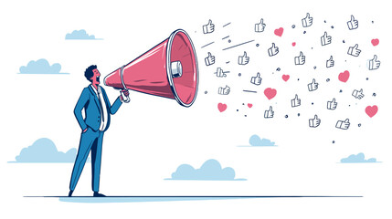 Businessman holding a megaphone to announce a message, spreading social media likes and hearts. Digital marketing and communication concept illustration.