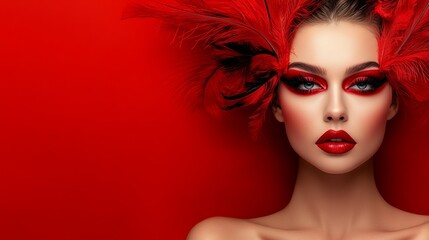 Woman with red makeup and feather headdress poses against a solid red background, looking directly at the viewer.
