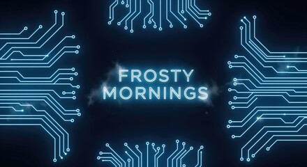 FROSTY MORNINGS text with glowing blue circuit board patterns on a dark background, digital technology concept