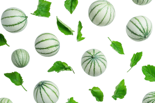 Mini watermelons arranged in a grid pattern isolated on transparent background. Pepino melons isolated on white background.